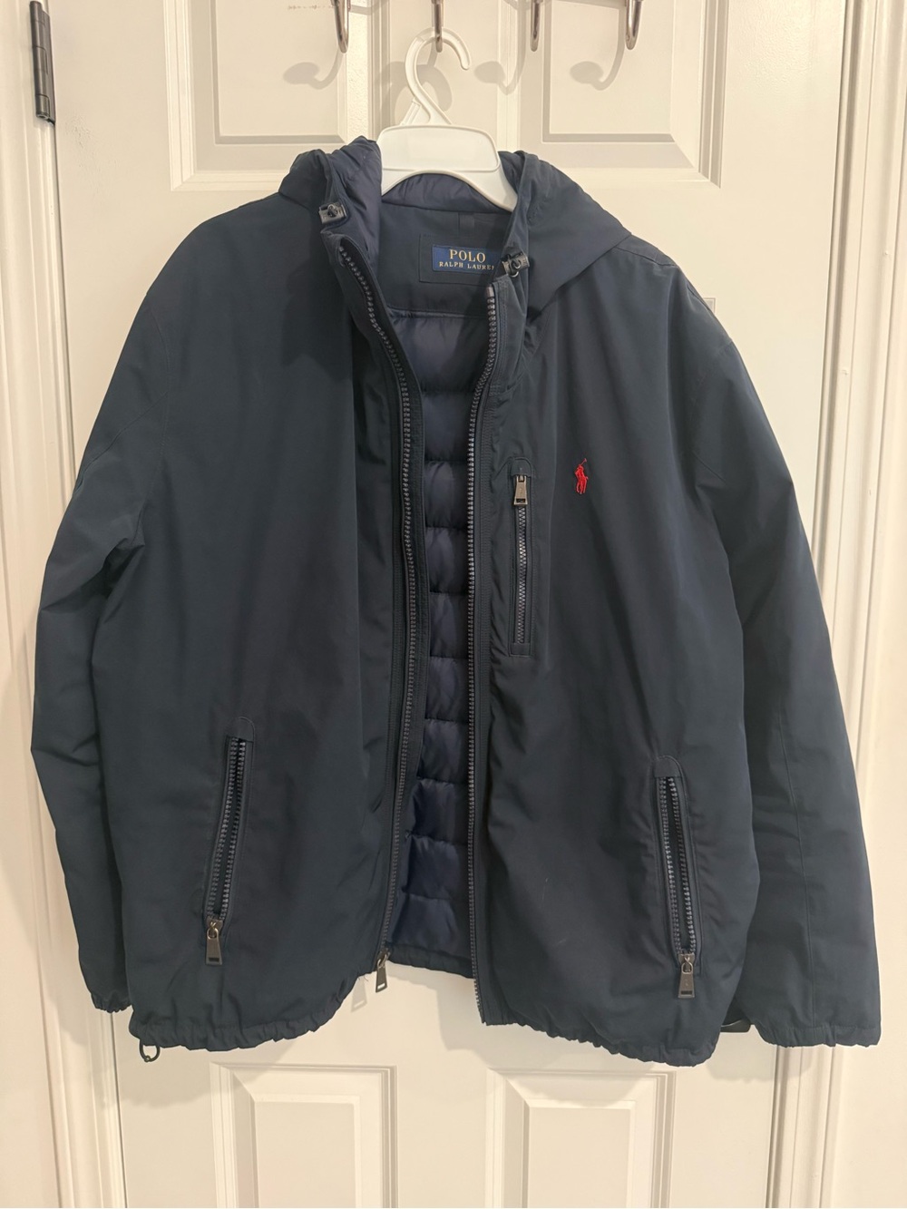Ralph Lauren Navy Hooded Puffer Jacket with Red Polo Pony